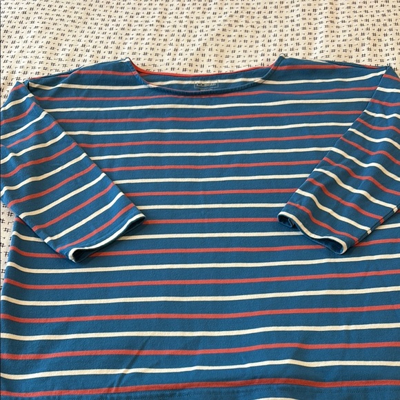 LL Bean boatneck shirt, blue/salmon/white stripe, 3/4 sleeves, size L - Picture 1 of 5